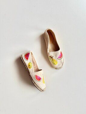 J.CREW Ivory Canvas Embroidered Fruit Salad Espadrilles Flats, Size 7.5